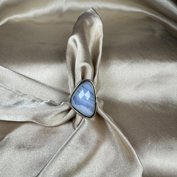 Faceted Agate Sterling Silver Gemstone Ring Artisan Handmade Jewelry Size 7